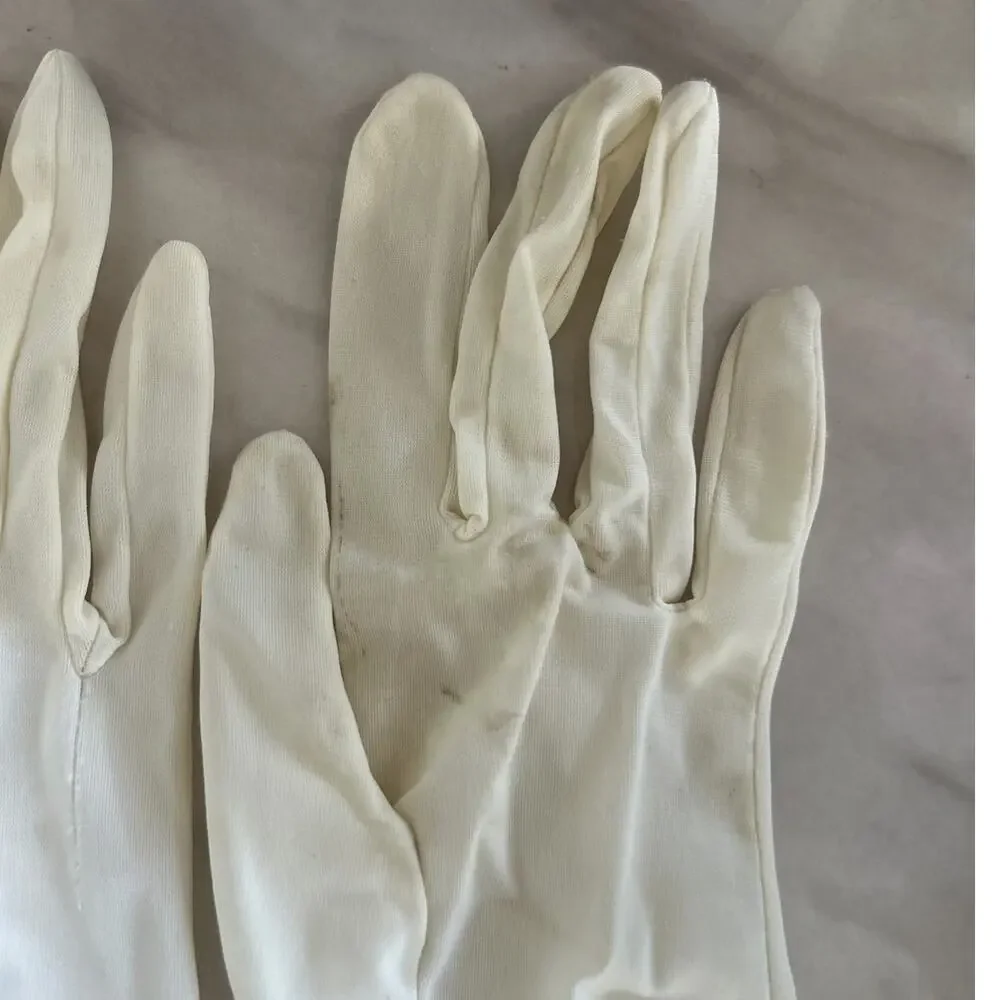 Vintage 50s 60s White Ruched Nylon Opera Gloves Elbow Length